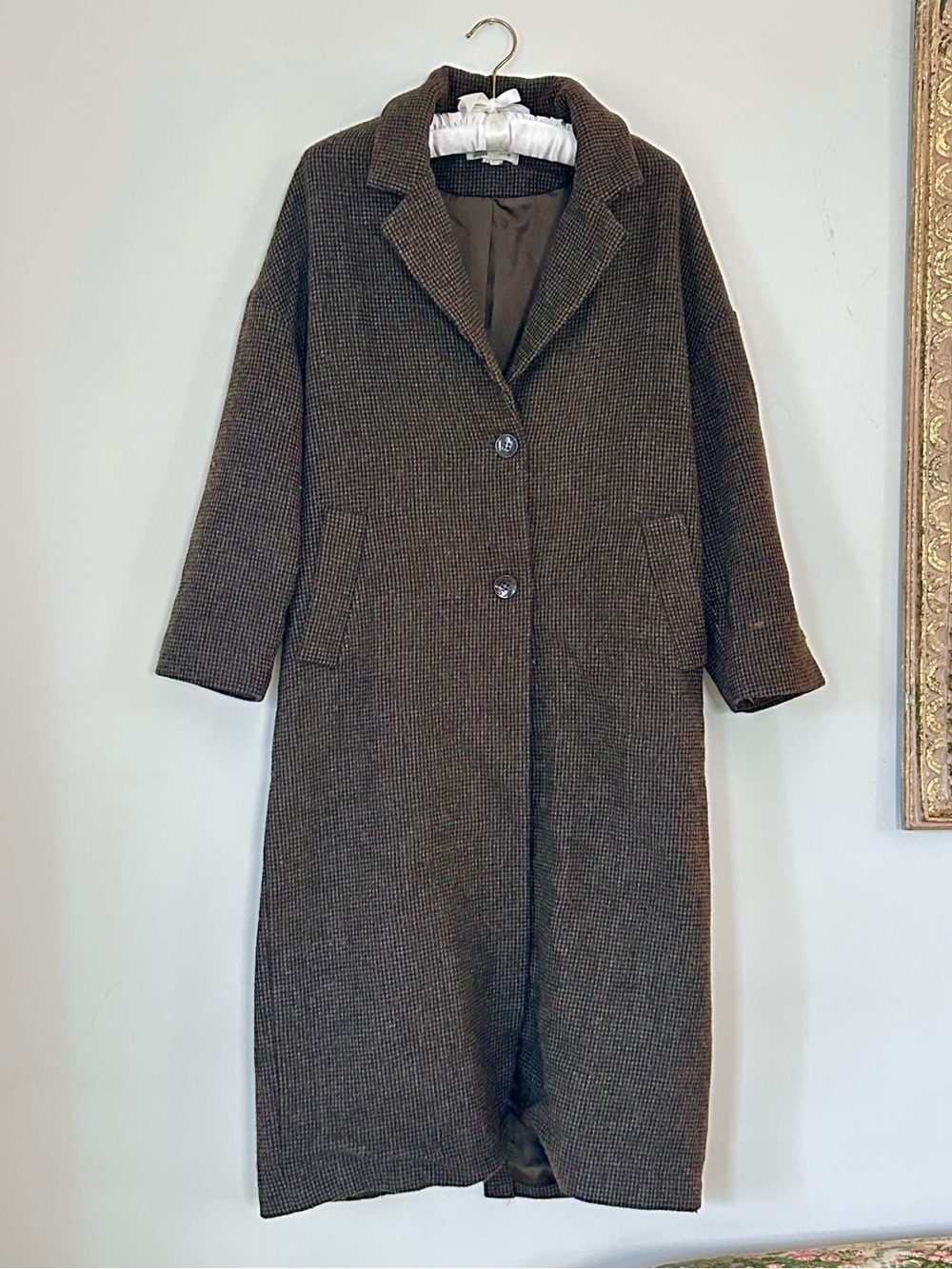Anthropologie - Long Brown, Wool-Blend, Tweed Coat
